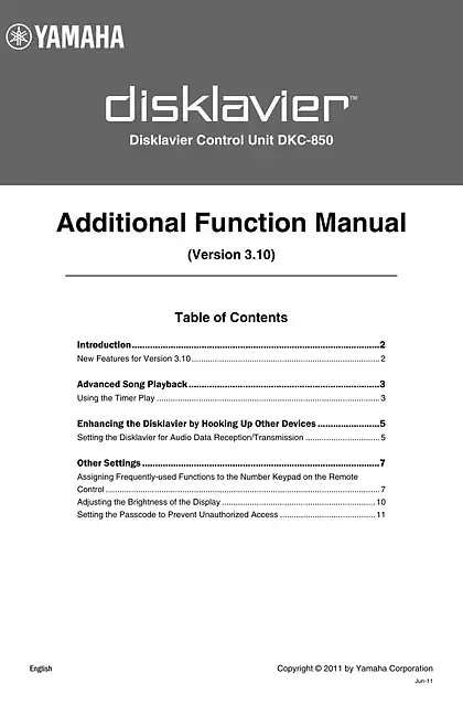yamaha雅马哈Disklavier Control Unit DKC-850 Additional Function Manual (Version 3.10)